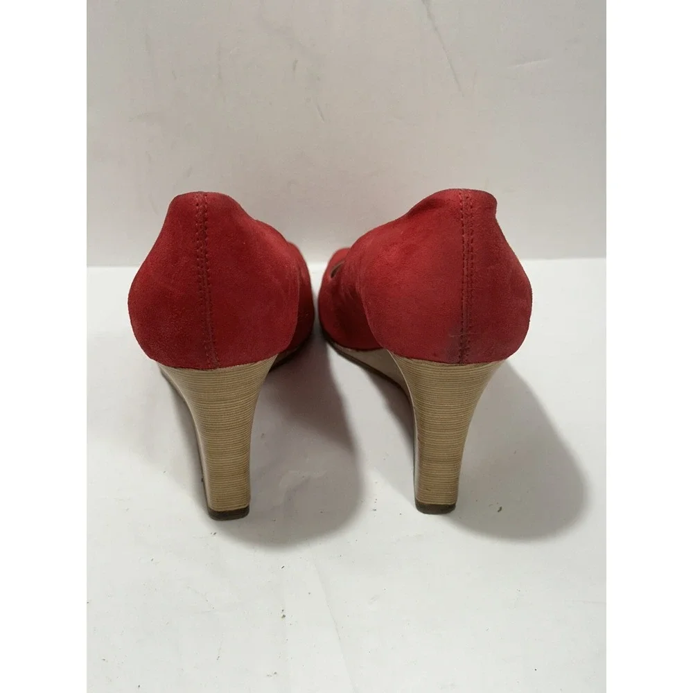 Tod's Crimson Red Suede Peep Toe Wedge Pumps Size 37 (US 7 ) Women's Shoes